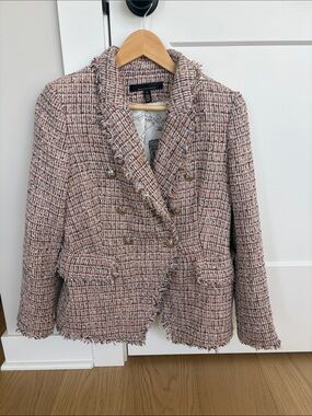 Frayed Pink Tweed Double-Breasted Blazer